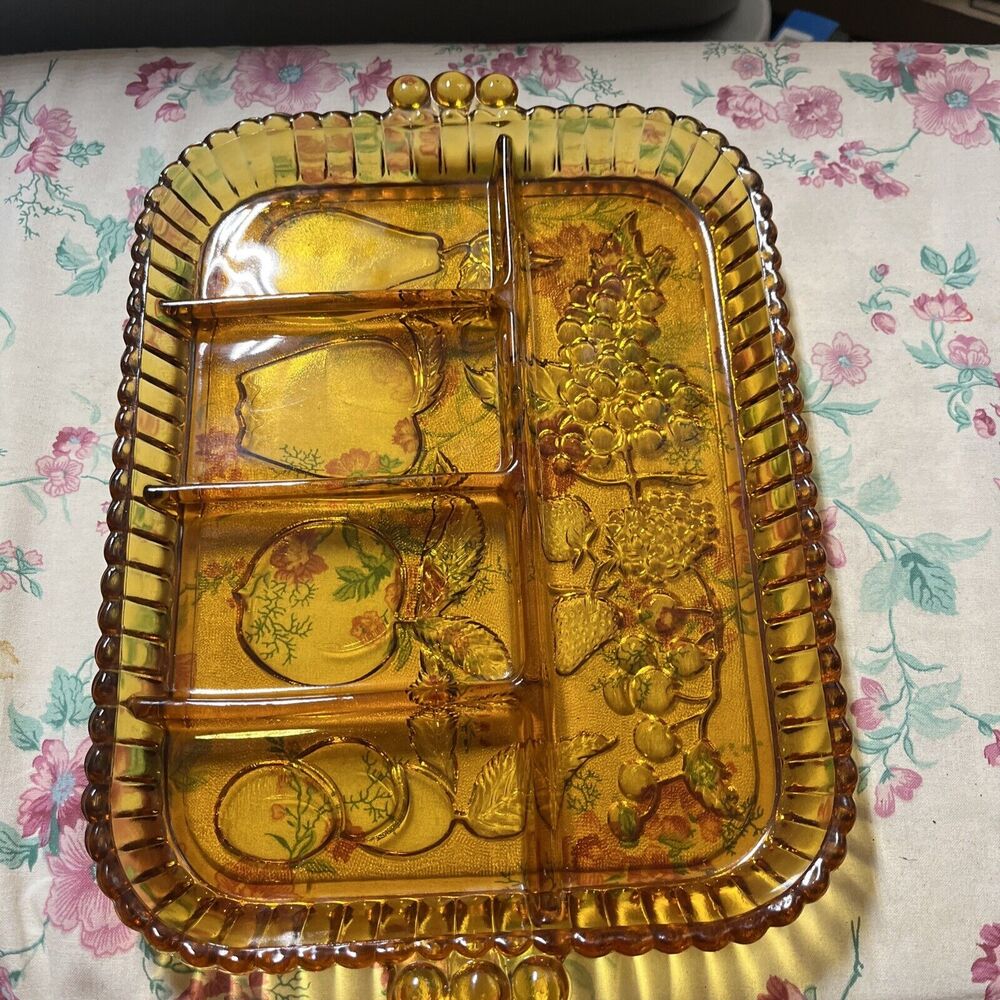 Indiana Glass Amber Divided Snack Server Holiday Tray Holder